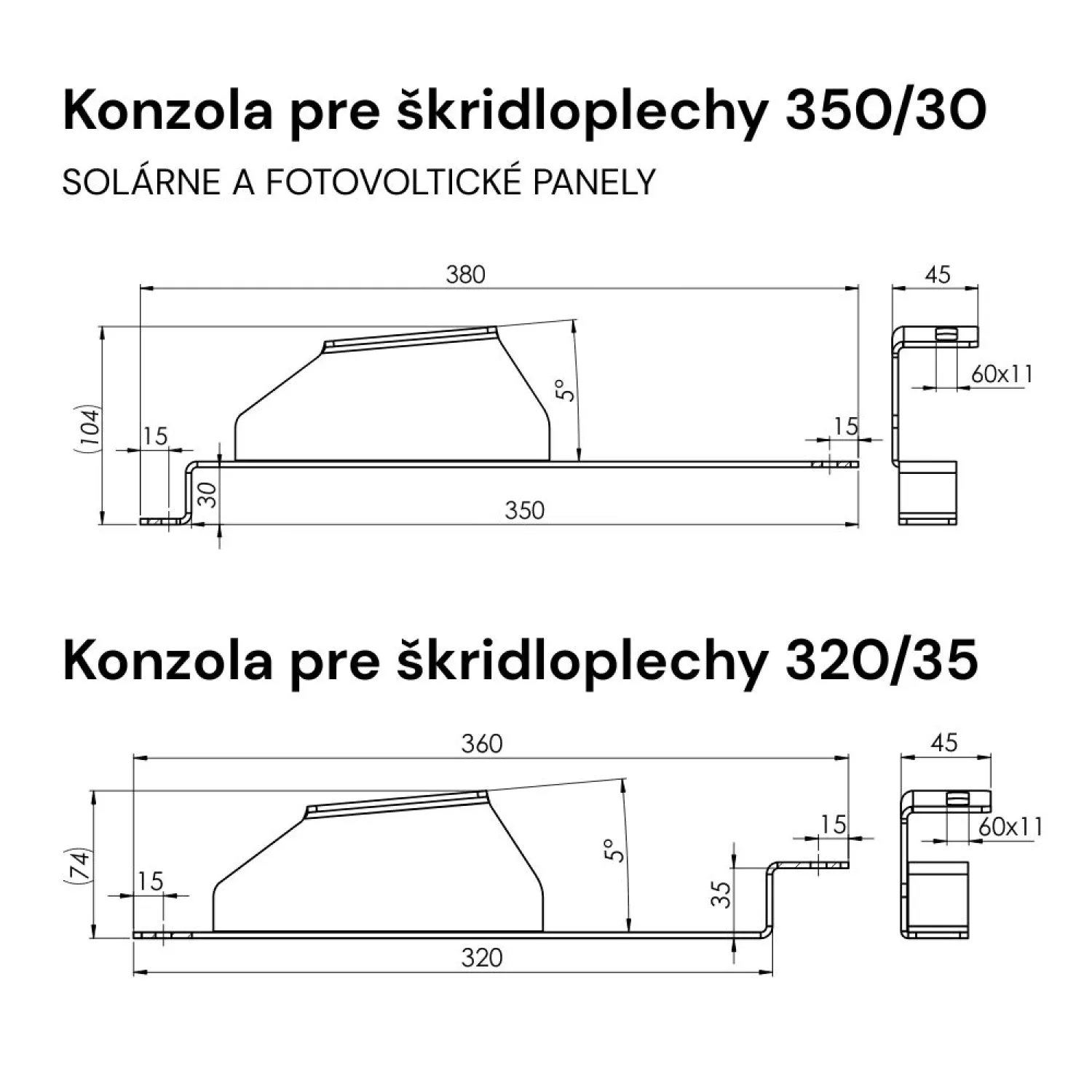 Fotovoltická konzola 350/30 a 320/35 nákres s rozmermi
