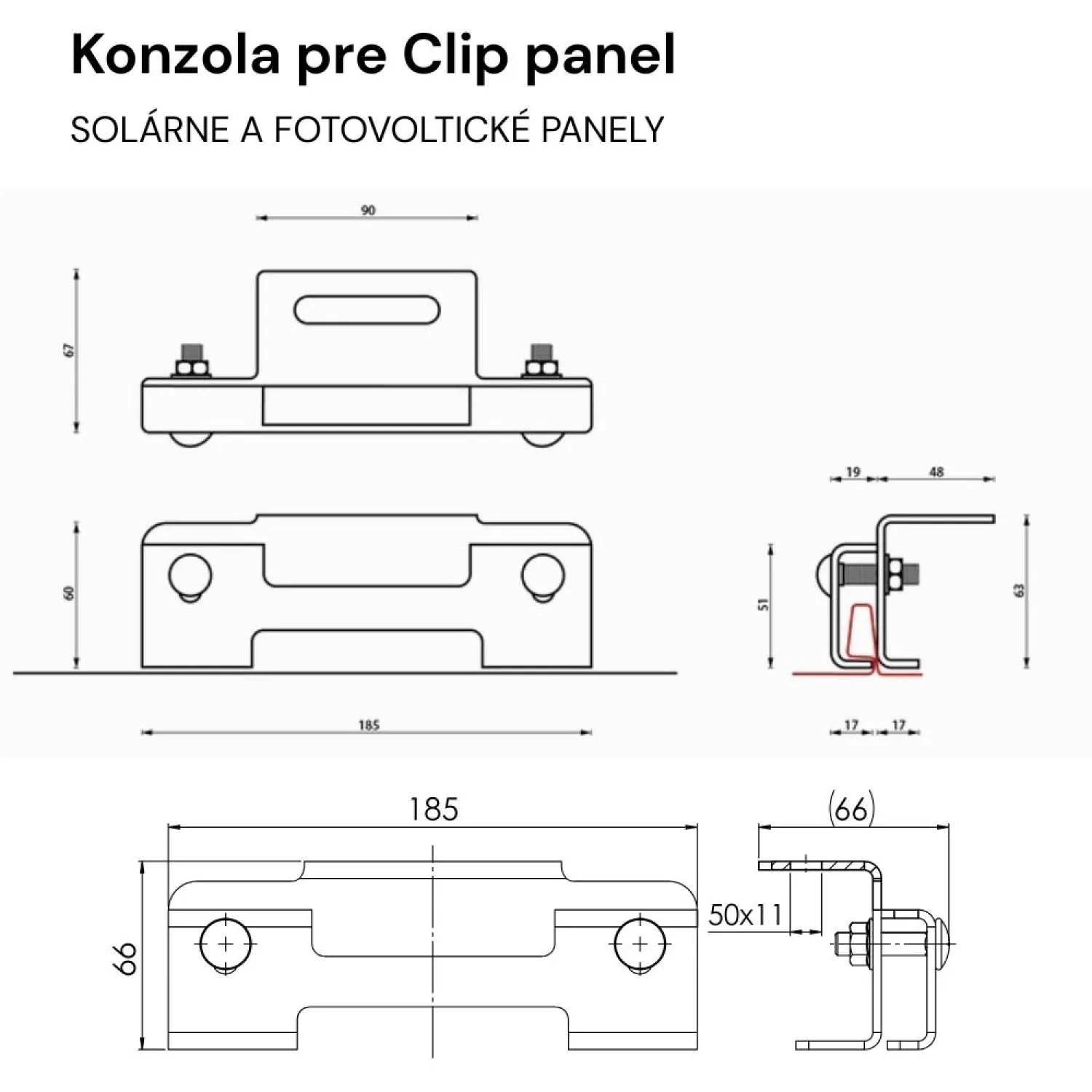 Fotovoltické konzoly pre Clip panel nákres s rozmermi